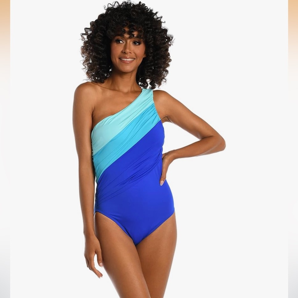 La Blanca One-Shoulder Ice Blue Aqua and Royal Blue Swimsuit